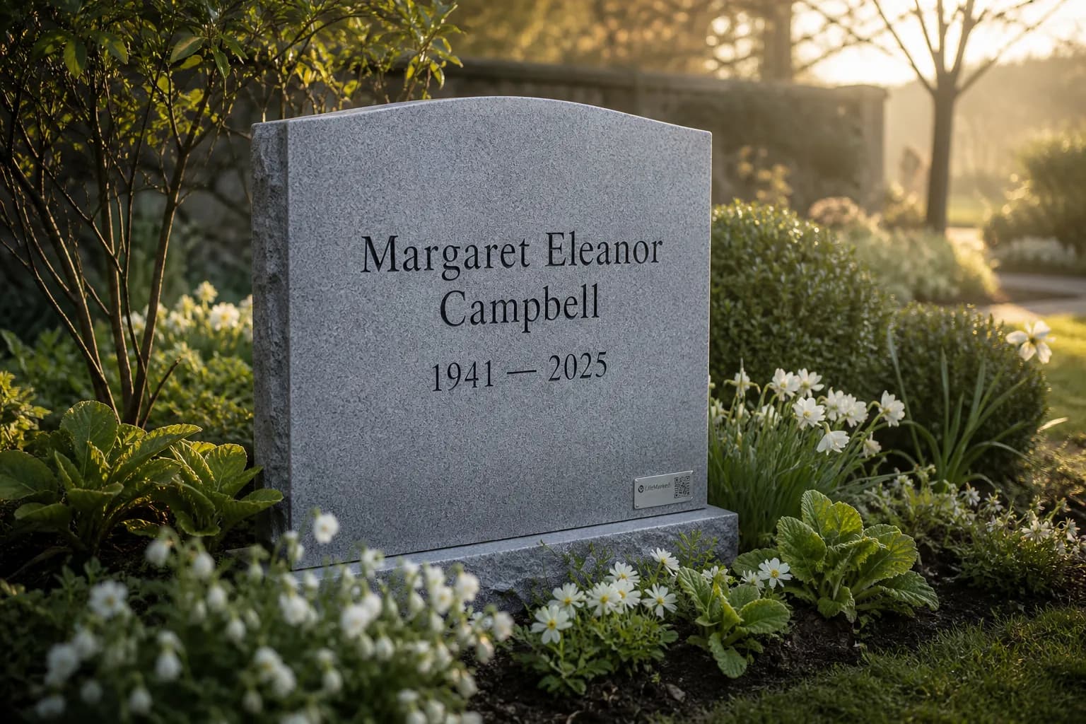 Memorial stone for Margaret Eleanor Campbell, 1941–2025, with a discreet Life Marked marker