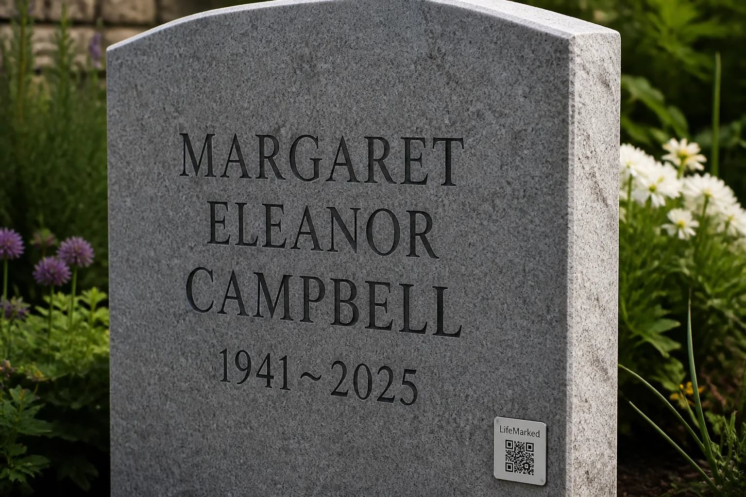 Margaret Eleanor Campbell's memorial with a discreet Life Marked marker
