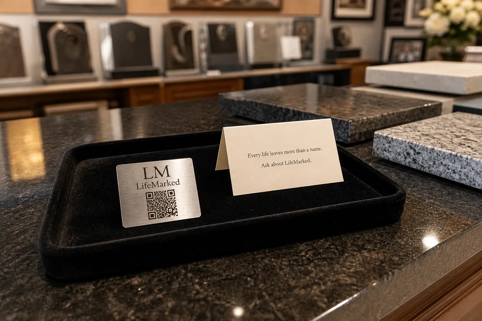 Memorial showroom display with Life Marked plaque sample and information card